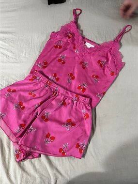 Colsie Hot Pink Satin Cherry-Print Lace Cami & Shorts Set